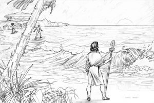 Ra-Mu-Kalem-Mayleena-Lemurian-beach-scene-cropped_1-Auto-enhance-A-cropped-cleaned.jpg - Gallery Illustrations Classic View - Kalem and Mayleena approach Ra Mu on this ancient Lemuria black sand beach.