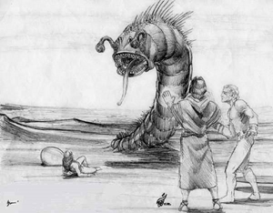 The Sand Daringe Attack Scene - Gallery Illustrations Classic View - Ra Mu sends this startled creature away from attacking Mayleena & prevents Kalem from shooting it. 